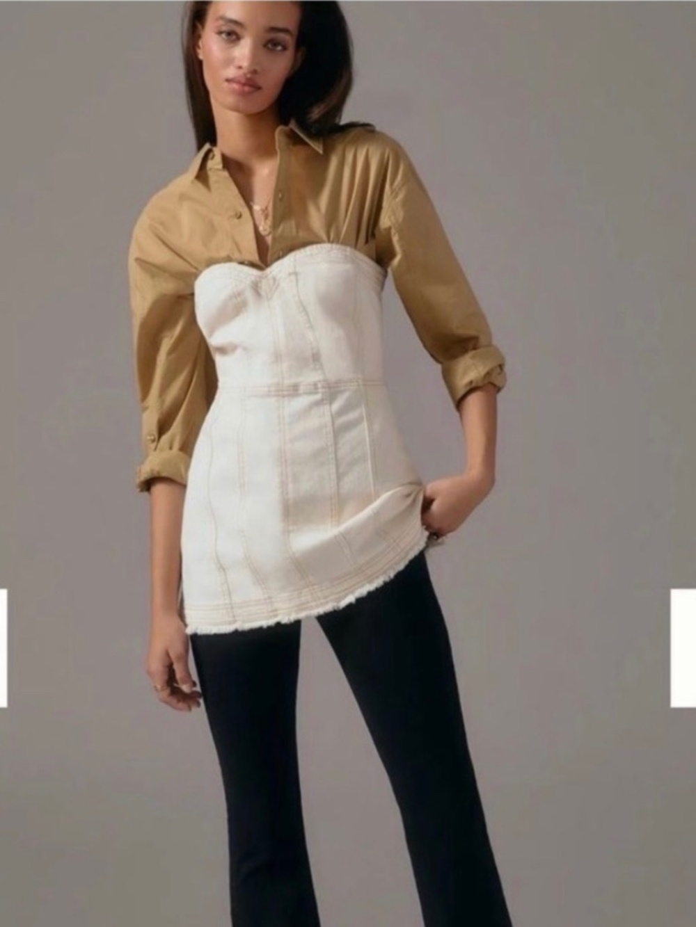 Pilcro Cream Strapless Bustier Tunic with Camel Shirt Layer